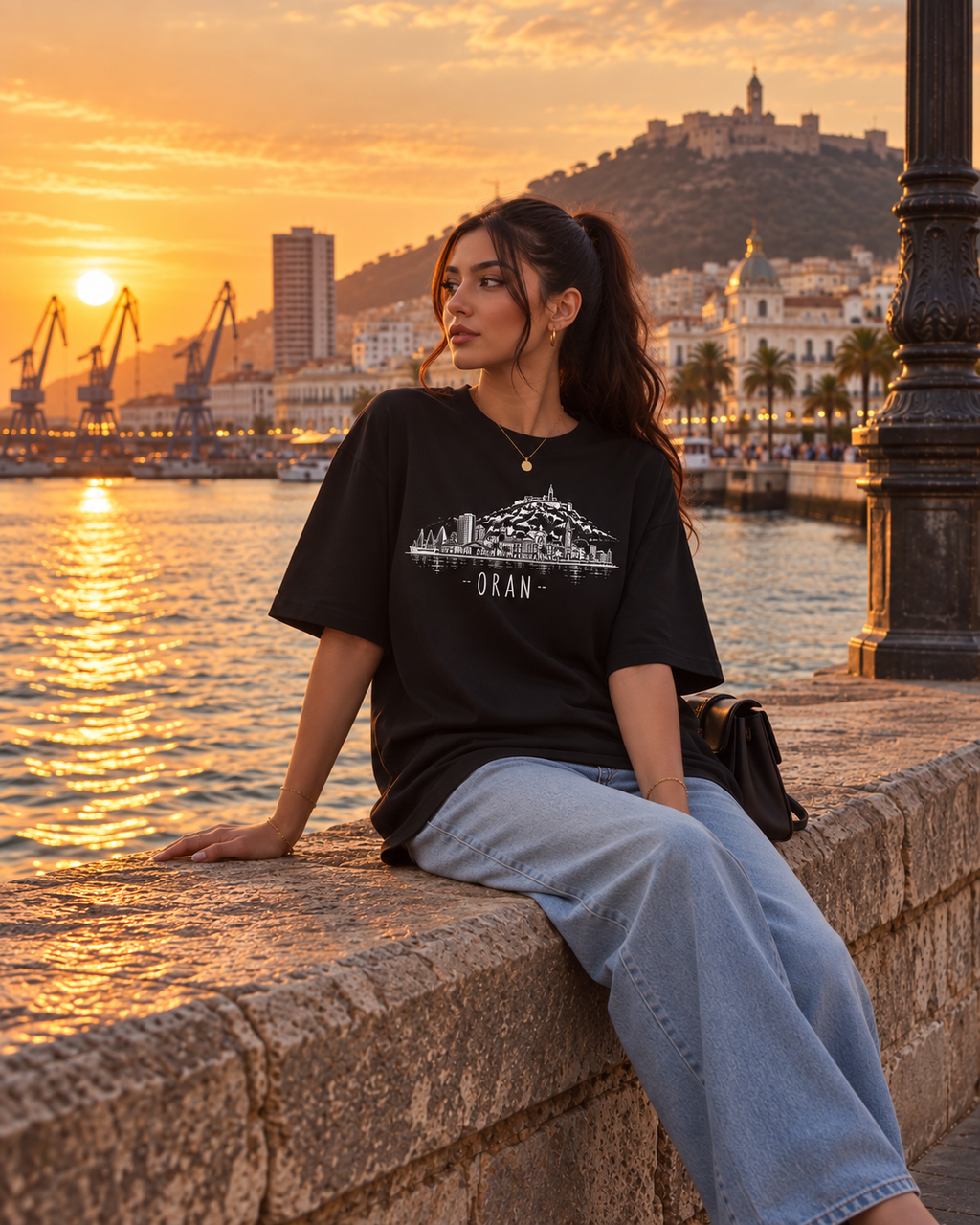 Black Oran skyline oversized T-shirt at golden hour in Oran