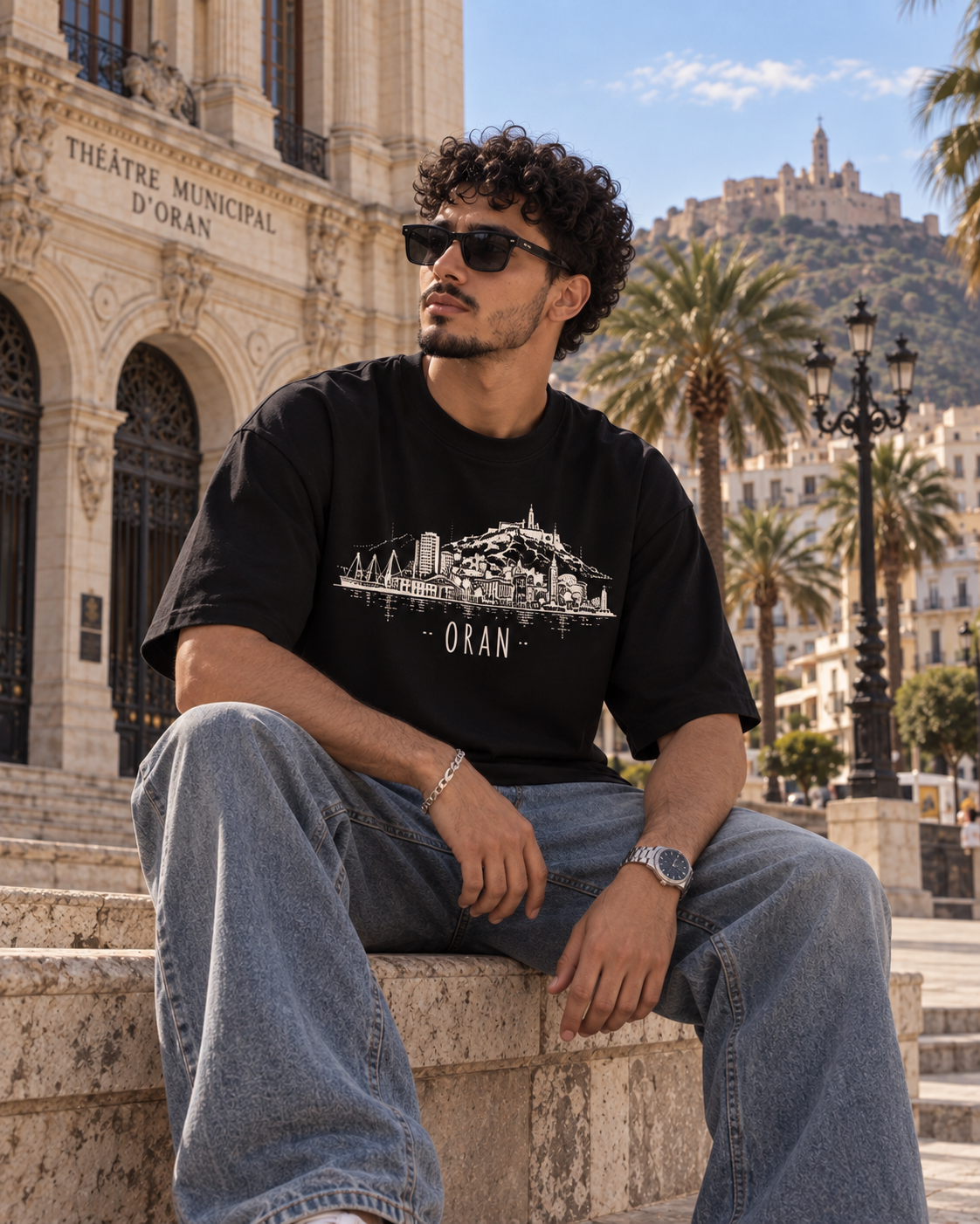 Black Oran skyline oversized T-shirt on male model