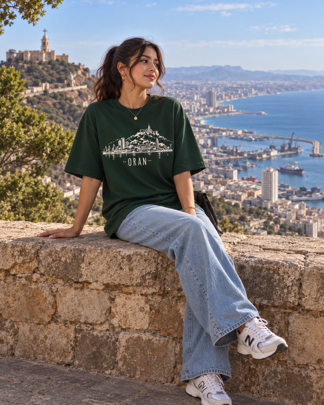 Green Oran skyline oversized T-shirt on female model
