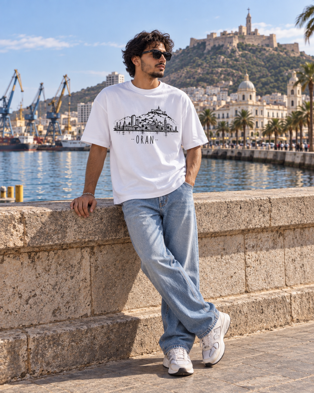 White Oran skyline oversized T-shirt at Oran waterfront